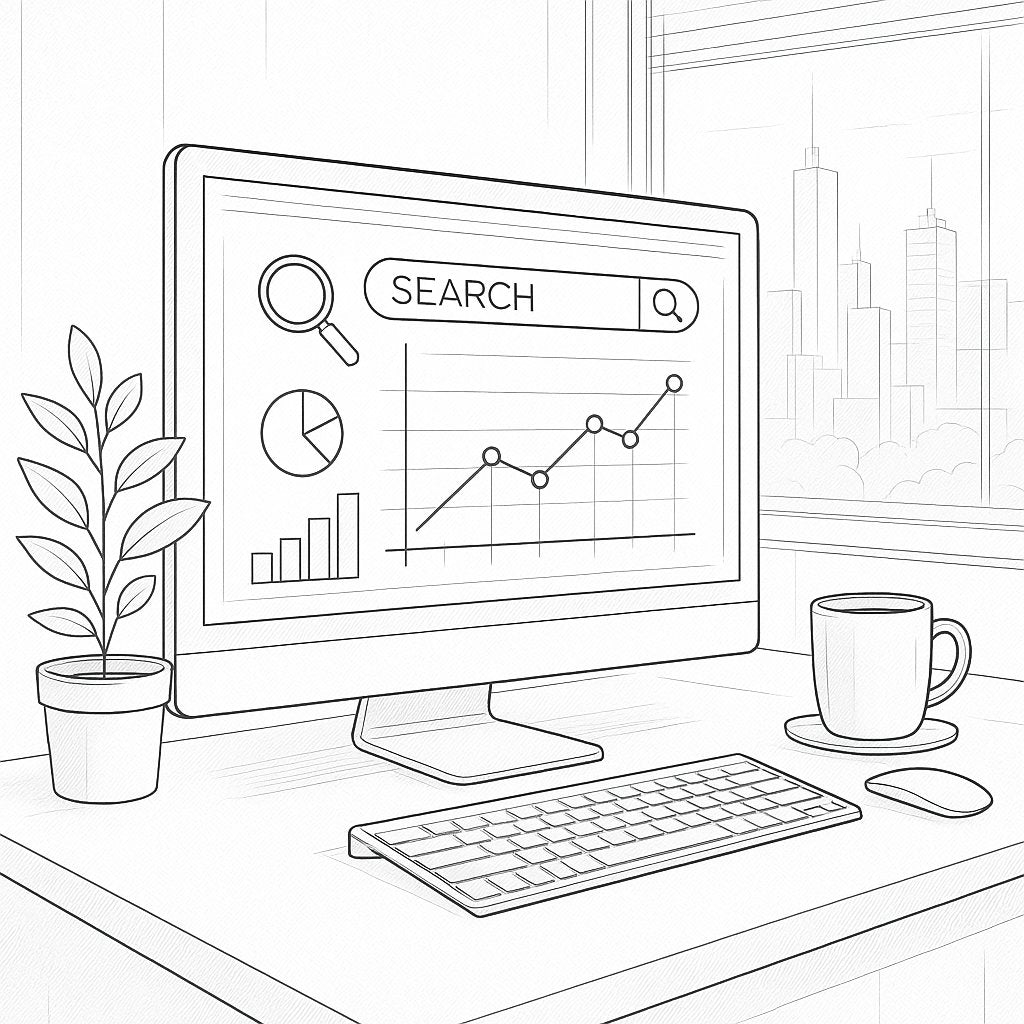 Illustration of decentralized search engine concept with nodes and blockchain elements