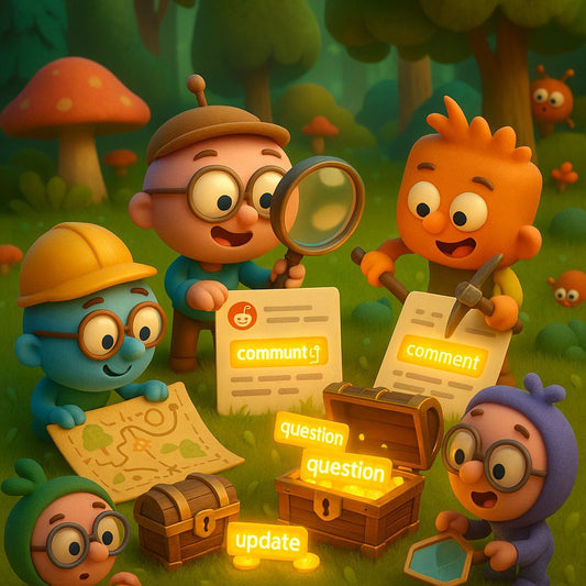 A humorous illustration depicting a treasure hunter sifting through Reddit comments to find hidden SEO keywords