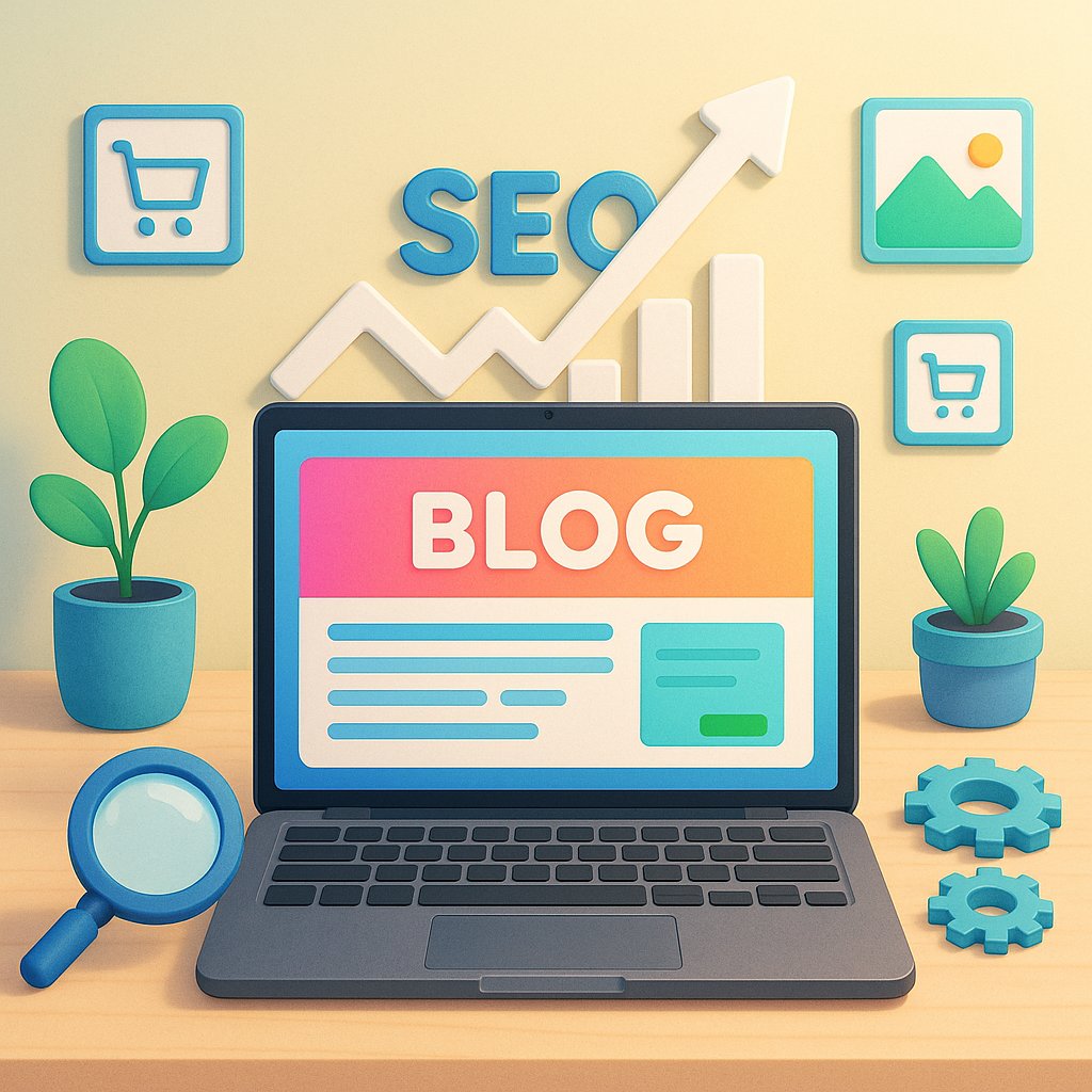Vibrant illustration showing a laptop with "BLOG" on screen, SEO growth icons, magnifying glass and gears, symbolizing meta description optimization