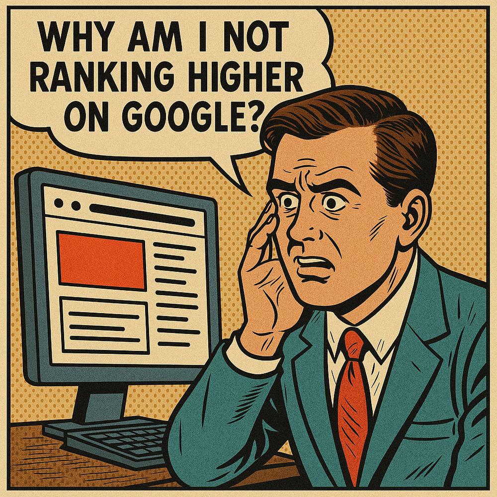 Illustration of a frustrated business owner looking at a computer screen with low Google rankings