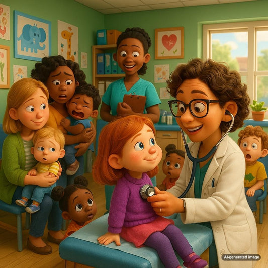 Happy family with pediatrician, illustrating how blogging attracts families to pediatric practices
