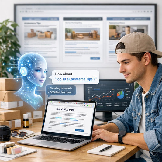 Guest blogging strategy illustration showing content outreach, relevant site publishing, and SEO backlink growth