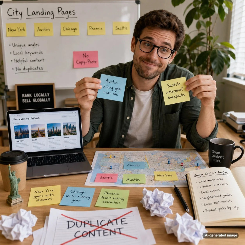 SEO strategist planning unique city-specific landing pages and long-tail local keyword content