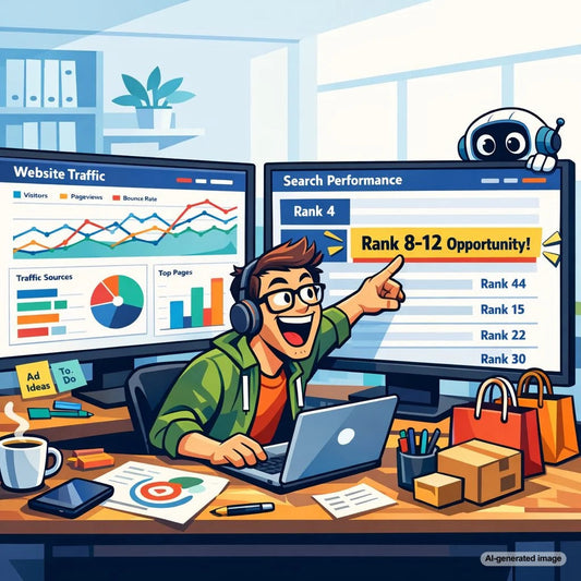 Dashboard-style illustration showing Google Analytics and Google Search Console data used to identify striking distance keywords for SEO quick wins