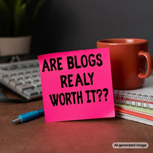 Business owner contemplating the value of blogging for company growth
