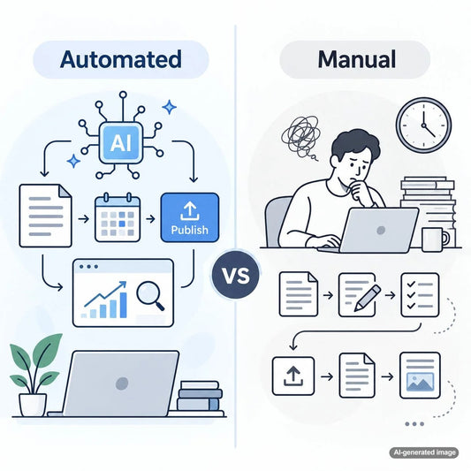 Blog content automation workflow compared with traditional manual content posting for consistent SEO publishing