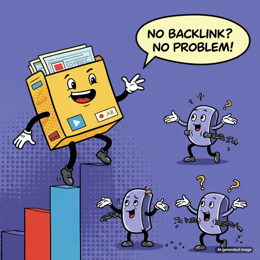 Illustration depicting a blog post climbing search engine rankings without the support of backlinks.