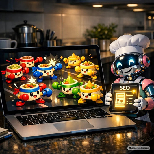 Illustration of a busy kitchen where ecommerce product pages compete for Google rankings