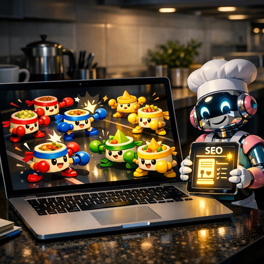 Illustration of a busy kitchen where ecommerce product pages compete for Google rankings