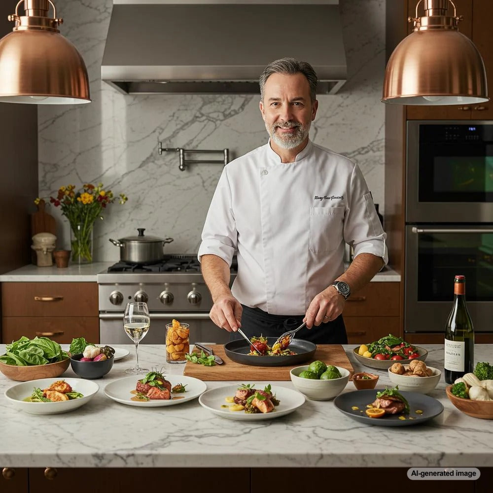 Personal chef writing a blog post on a laptop in a kitchen