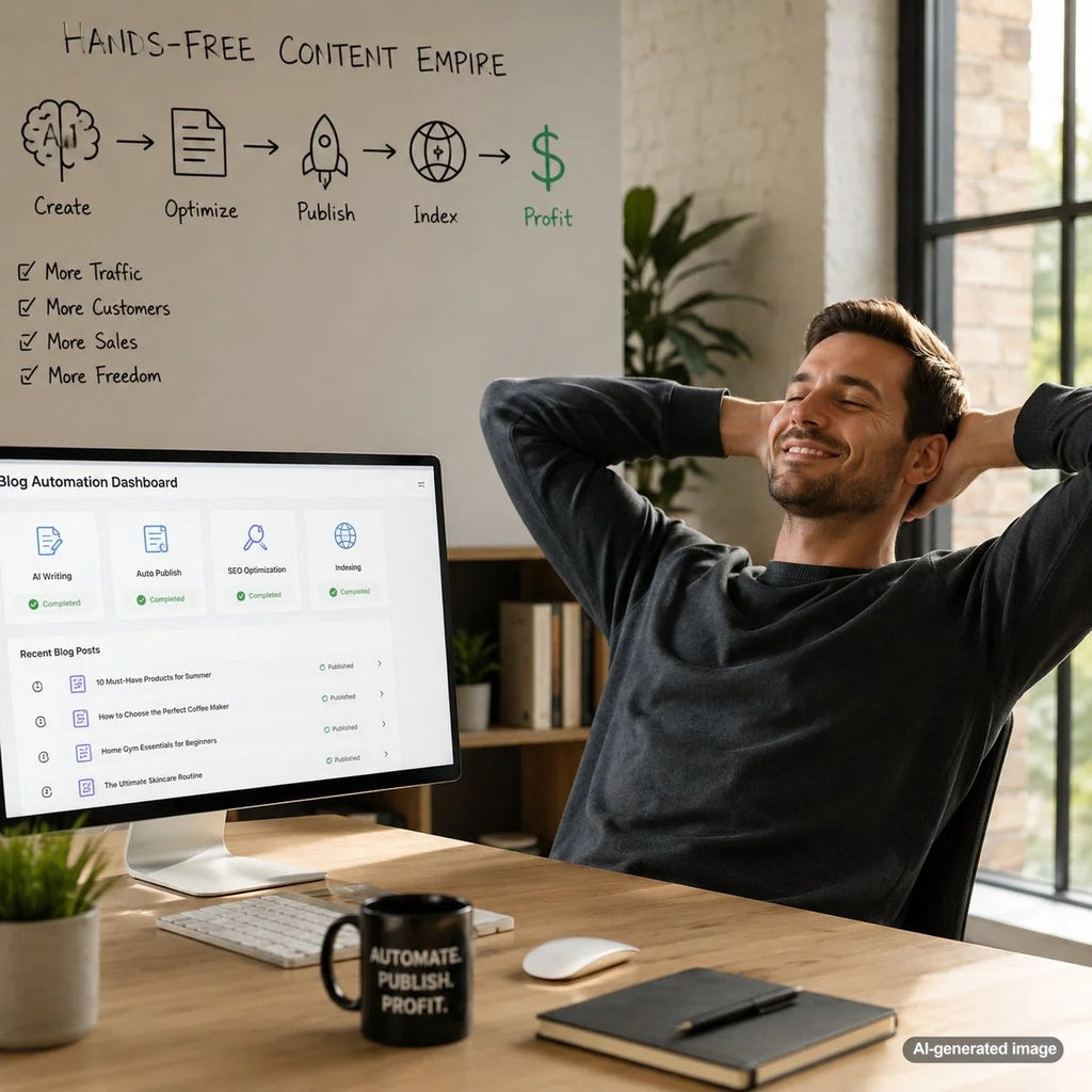 Modern automated content workflow illustrating a hands-free system for scalable SEO blogging and digital publishing