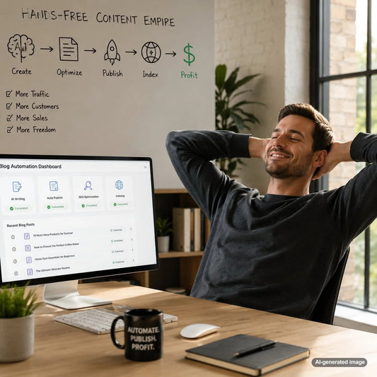 Modern automated content workflow illustrating a hands-free system for scalable SEO blogging and digital publishing