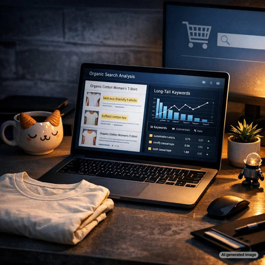 Ecommerce SEO product page optimization for long-tail transactional keywords with online shopping interface and product listing visuals