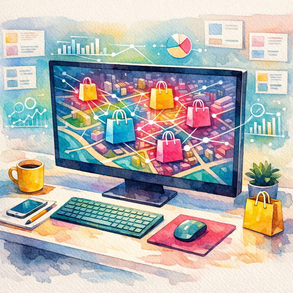 Illustration showing local businesses leveraging near me searches to highlight nearby inventory availability