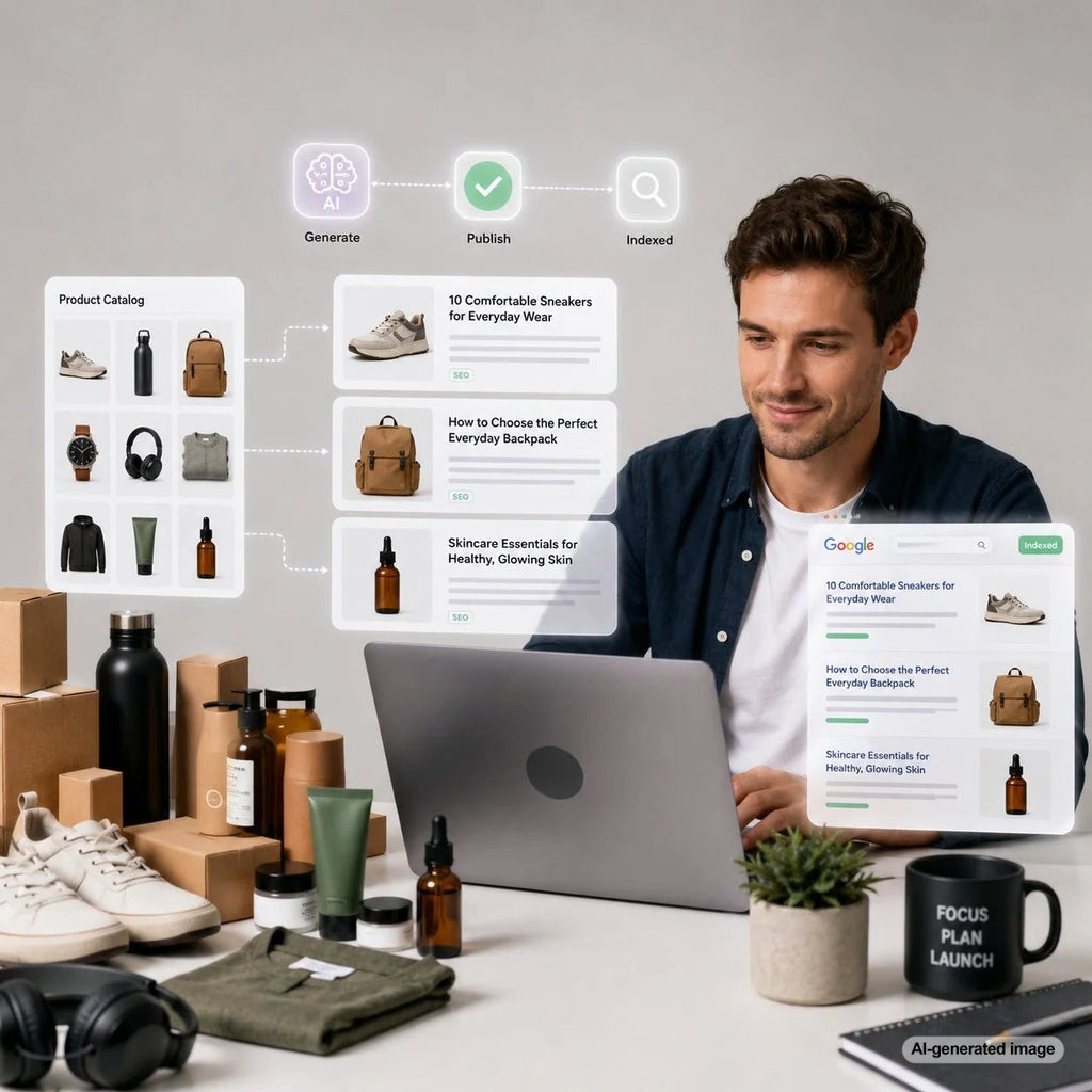 Automated blogging supporting large ecommerce product catalogs with scalable SEO content and organic search growth