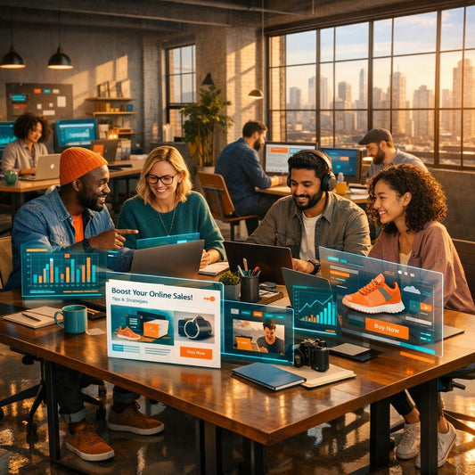 Entrepreneurs collaborating in a modern local co-working hub inspired by blogging and content-driven growth