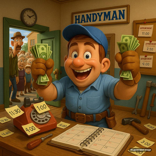 Handyman using a laptop to improve local SEO through blogging