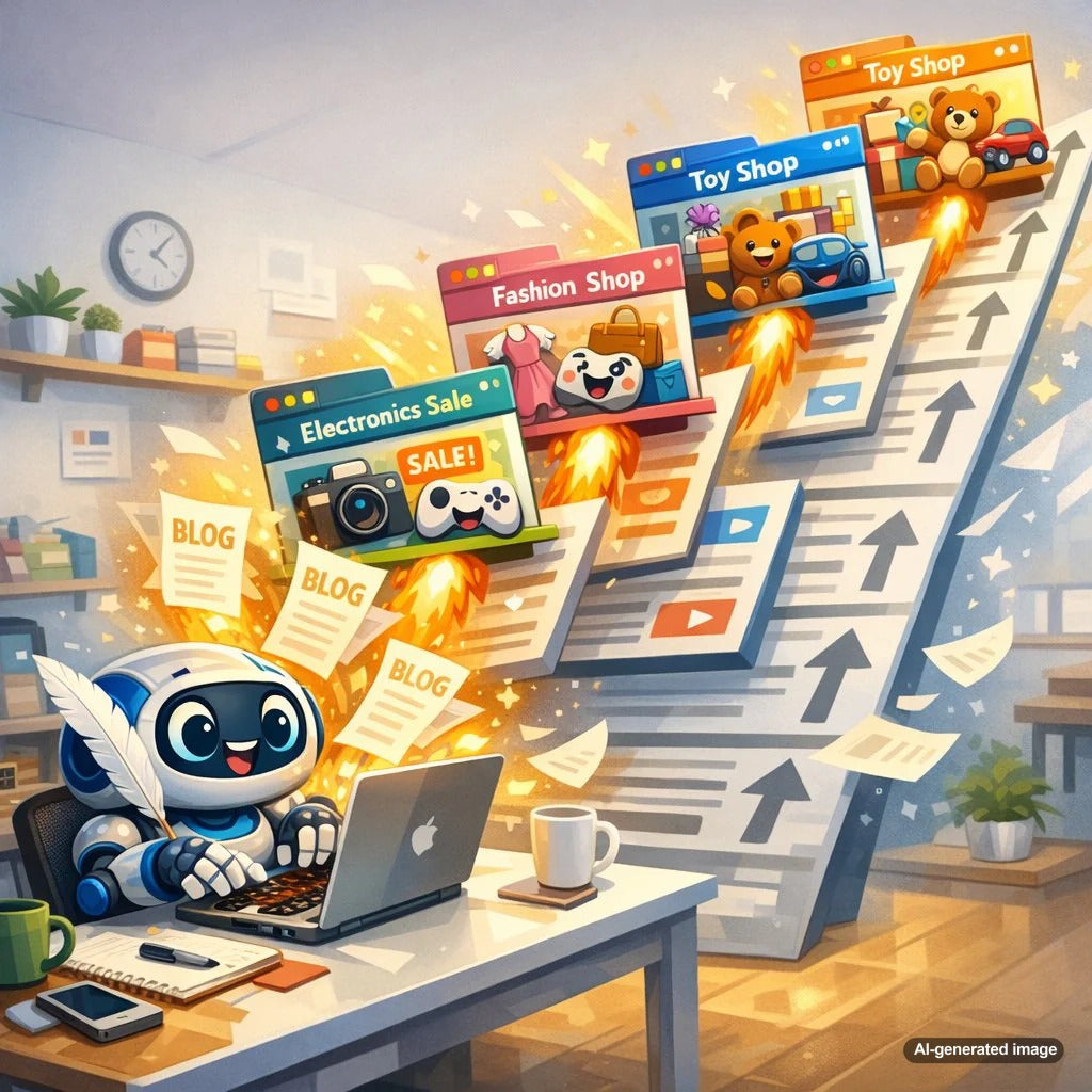 Illustration of e-commerce blogging strategy improving rankings for comparison keywords like best, vs, and alternatives