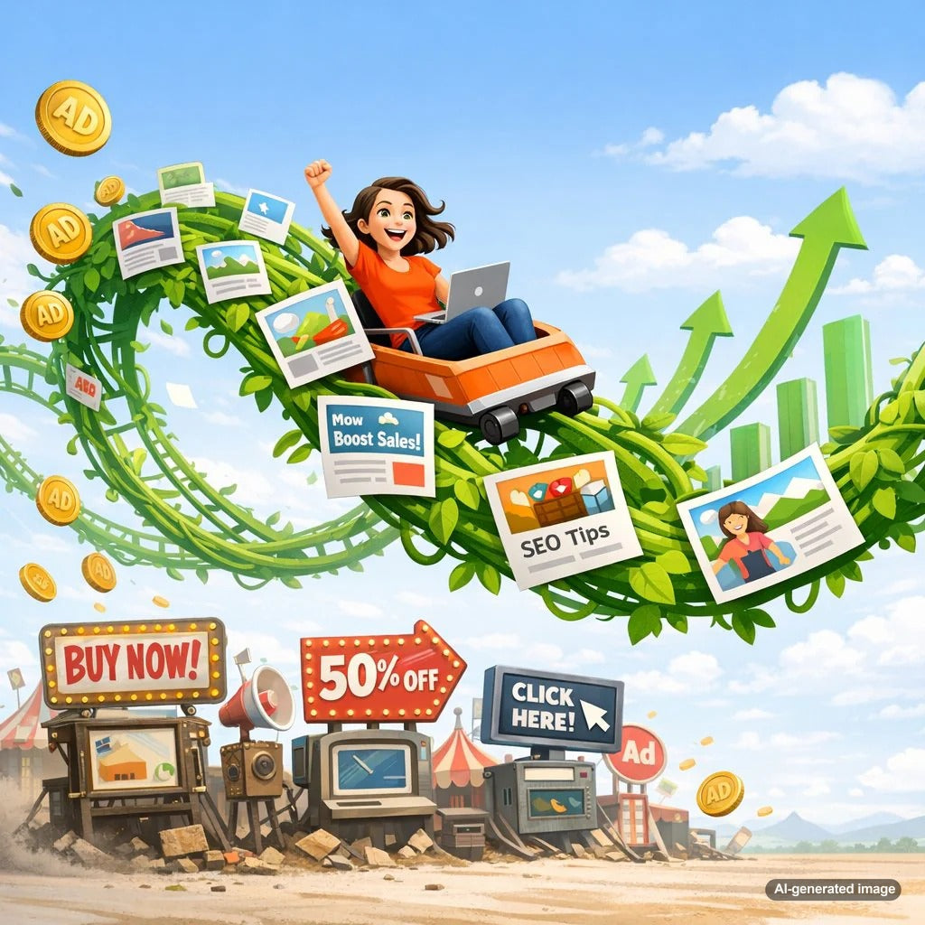 Evergreen blogging strategy concept showing organic traffic growth that reduces reliance on paid ads
