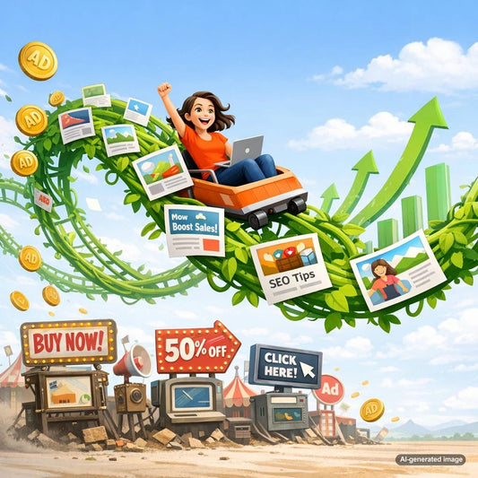Evergreen blogging strategy concept showing organic traffic growth that reduces reliance on paid ads