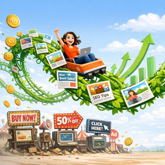 Evergreen blogging strategy concept showing organic traffic growth that reduces reliance on paid ads