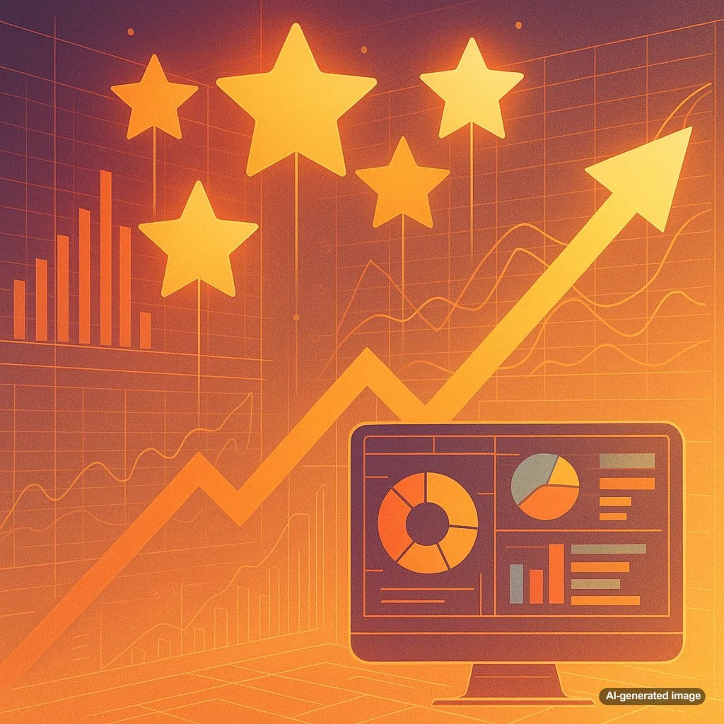 An image showcasing the concept of Google reviews with a five-star rating graphic