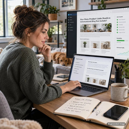 Informational blog content and ecommerce product linking strategy illustrating how to balance SEO, helpful recommendations, and online sales