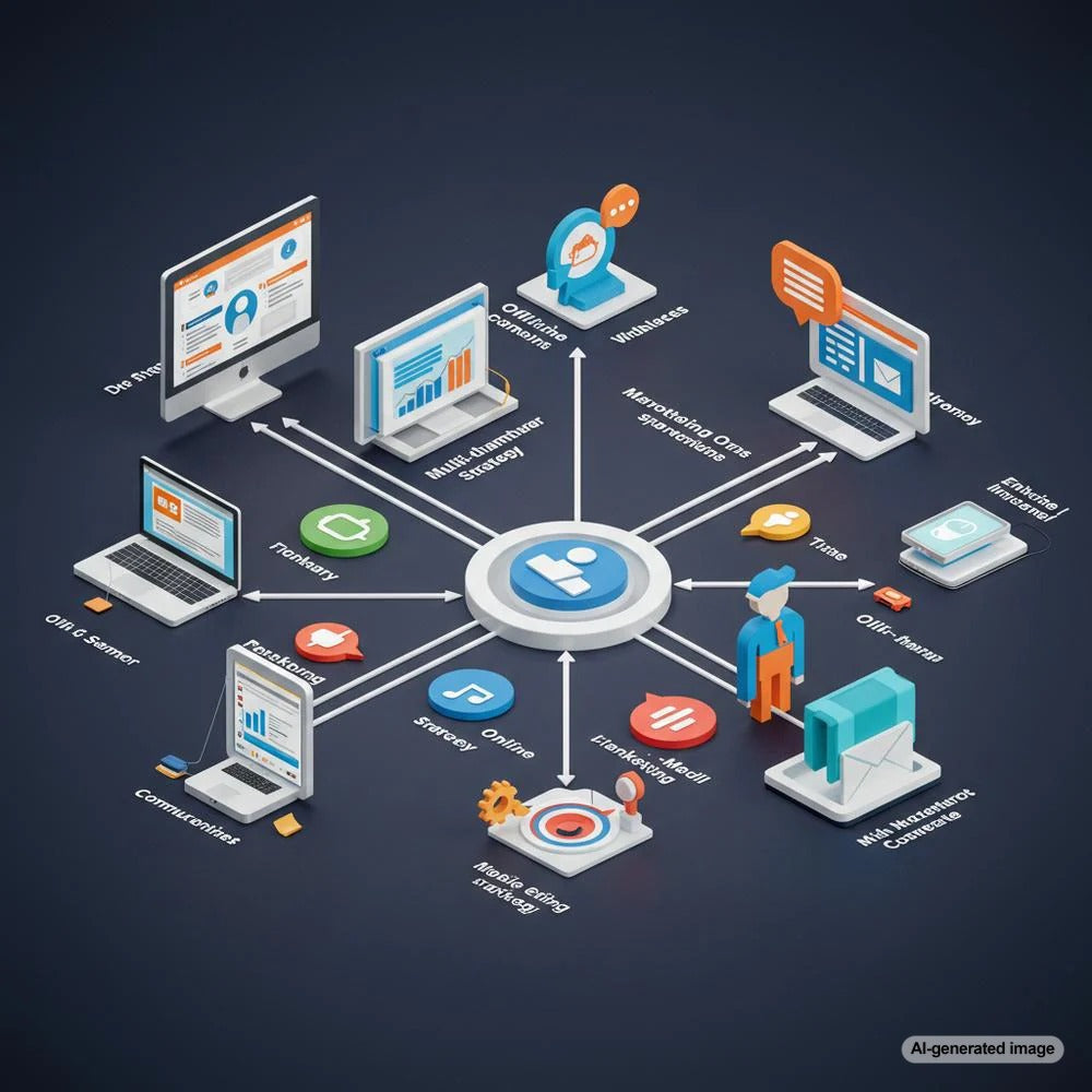 Illustration depicting the integration of SEO into various marketing channels