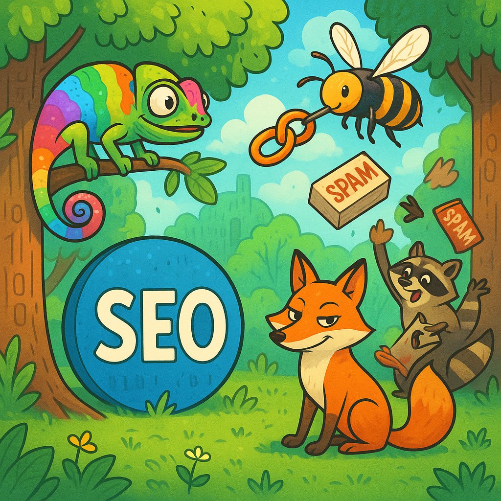 Illustration depicting SEO evolution natural selection with spam elements