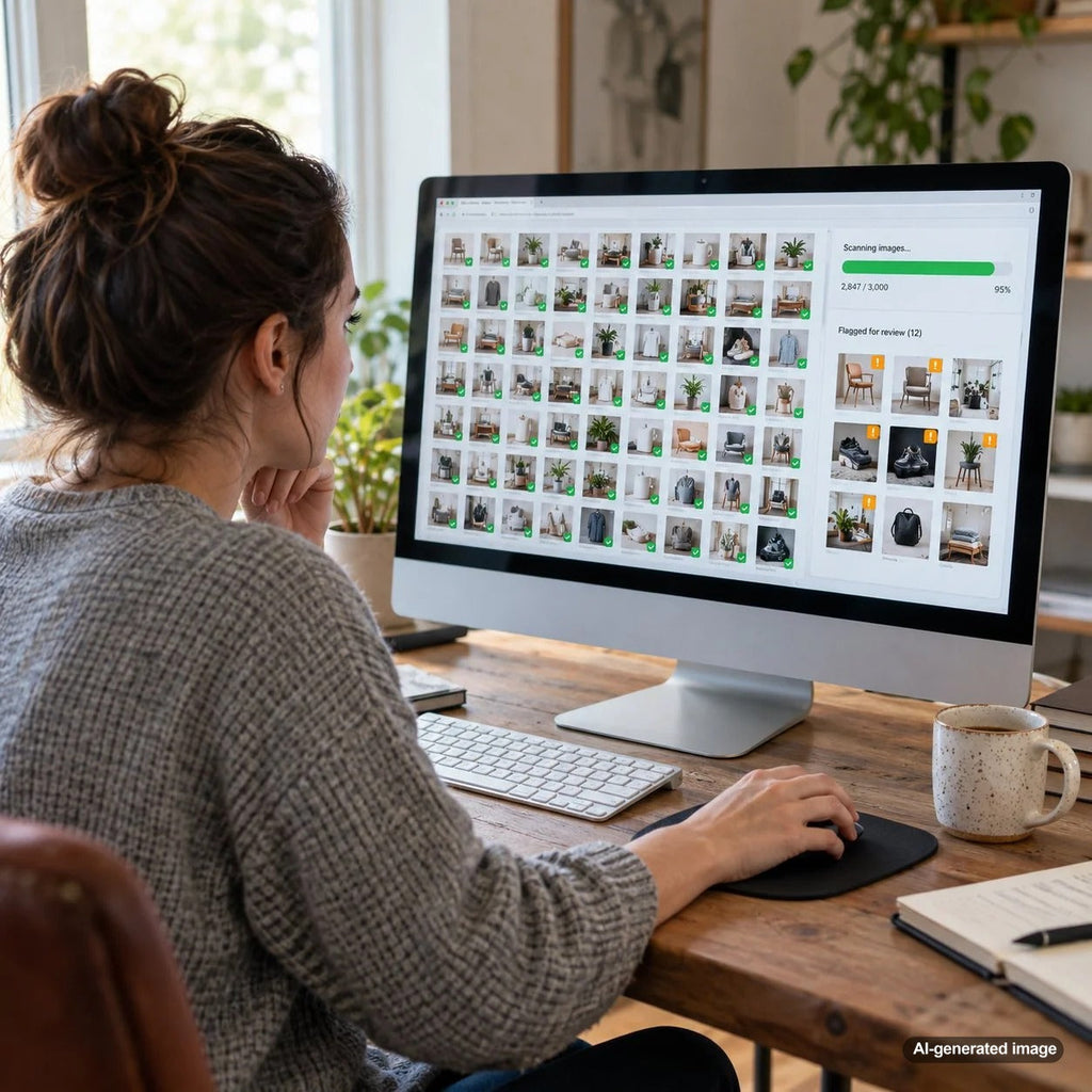 Automated blog image auditing dashboard analyzing thousands of website images for SEO quality, broken files, duplicates, and optimization issues