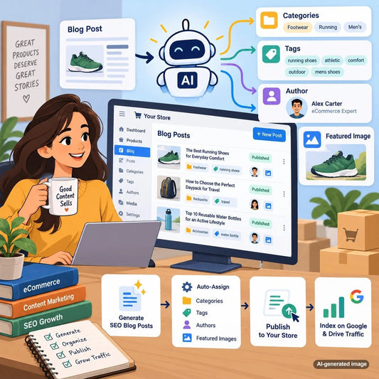 Automated blog publishing workflow organizing article categories, topic tags, author assignments, and featured images for efficient content management and SEO