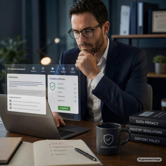 Professional reviewing an automated content workflow with compliance safeguards for a regulated industry