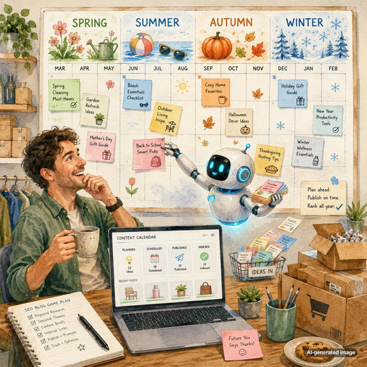 Seasonal content planning calendar showing automated SEO topic scheduling months ahead of peak search demand