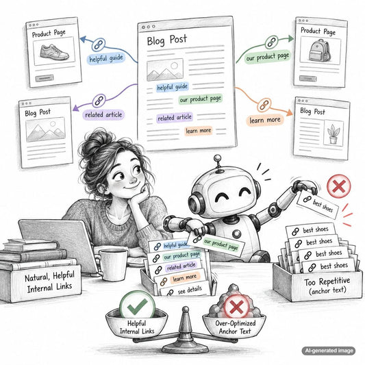 Overhead editorial workspace representing automated internal linking, natural anchor text selection, and organized SEO content connections