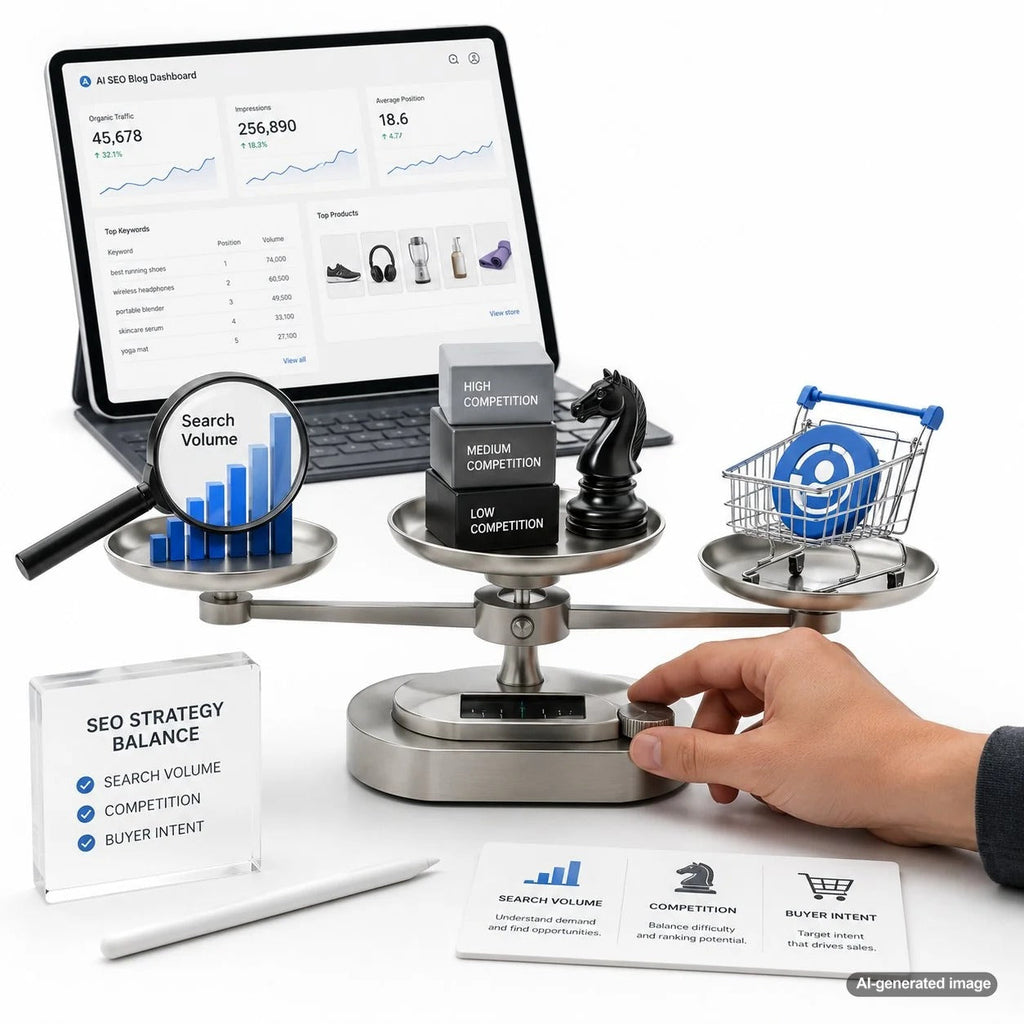 Business owner reviewing keyword search volume, competition, and buyer intent data for an SEO content strategy