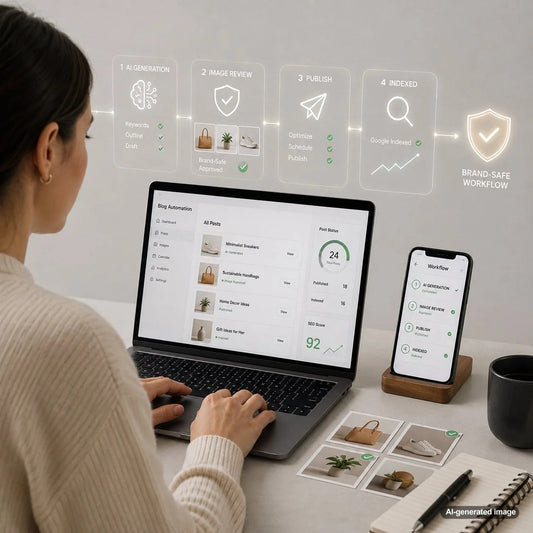 Brand-safe automated blogging image workflow with visual review, approval, and publishing safeguards