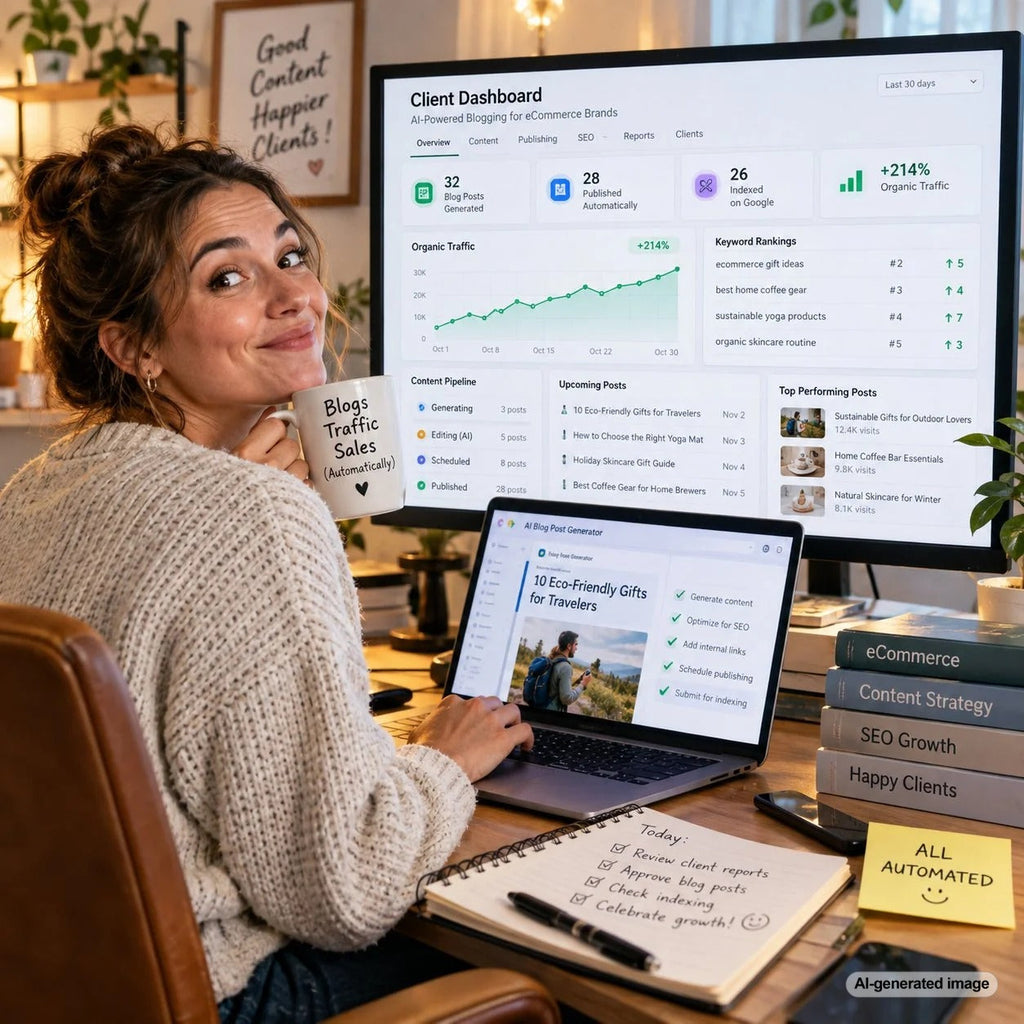 Client dashboard displaying automated blogging activity, search performance, article metrics, and content growth insights