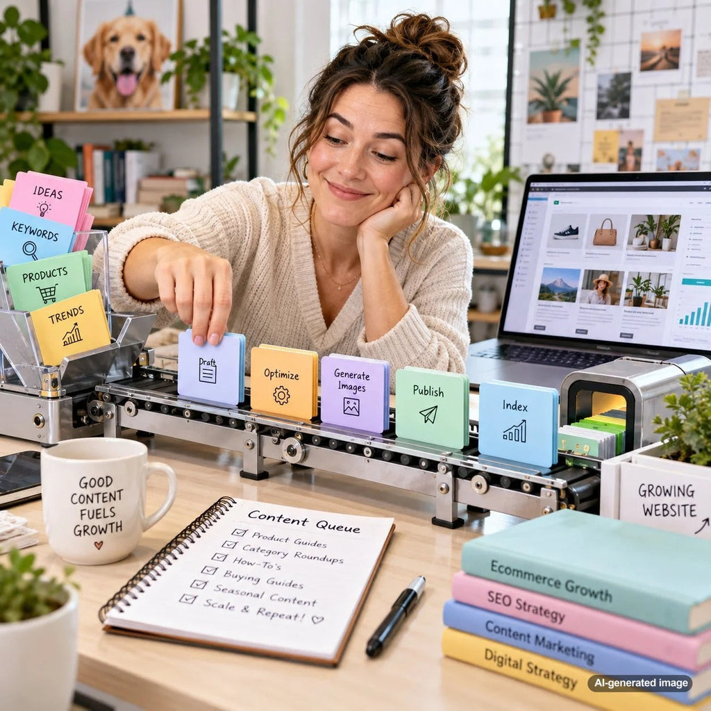 Organized evolving content queue showing website topics, priorities, publishing stages, and SEO growth planning