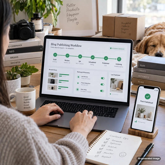 Automated publishing workflow dashboard illustrating fail-safe content validation, approval, publishing, verification, and monitoring