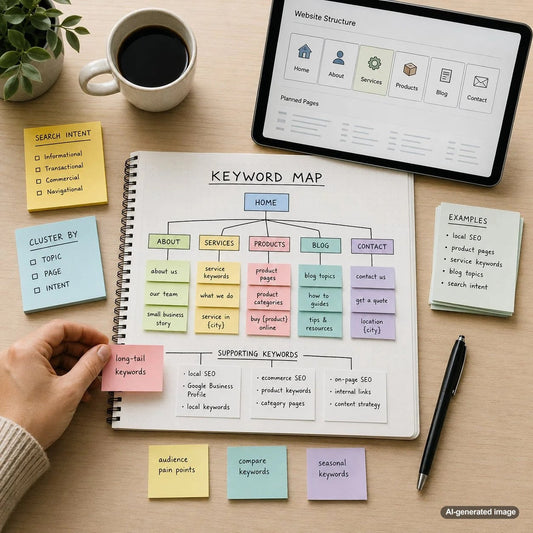Overhead workspace showing a small business keyword map with organized search topics, website pages, and SEO planning notes