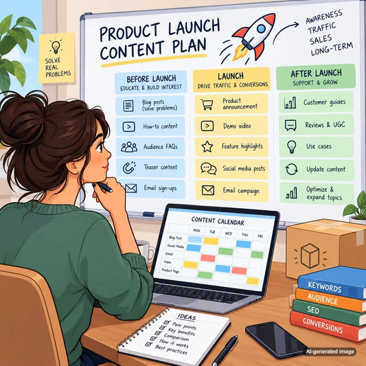 Illustration of a pre-launch product content strategy with an editorial calendar, SEO planning documents, blog articles, and a product launch timeline