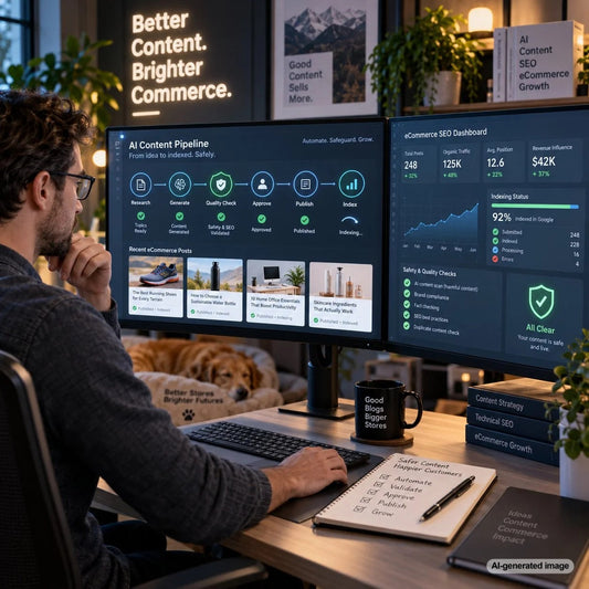 Automated content pipeline workflow illustrating safer AI content generation, validation, quality control, and publishing