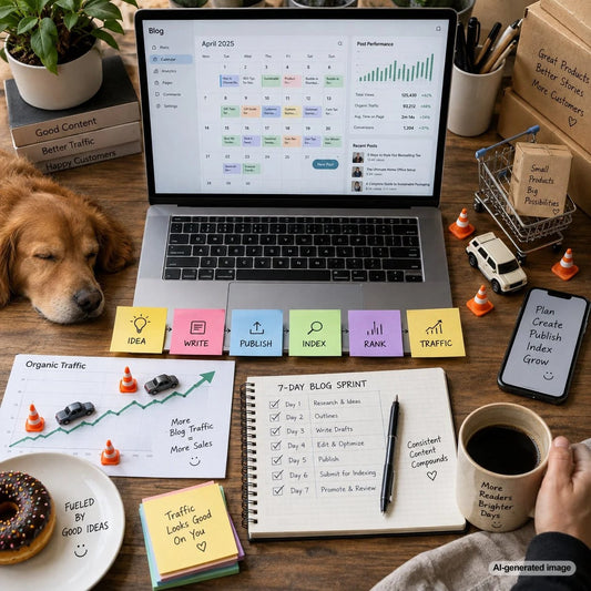 Planning a traffic-generating blog system with keyword research, content strategy, publishing workflow, and organic search growth
