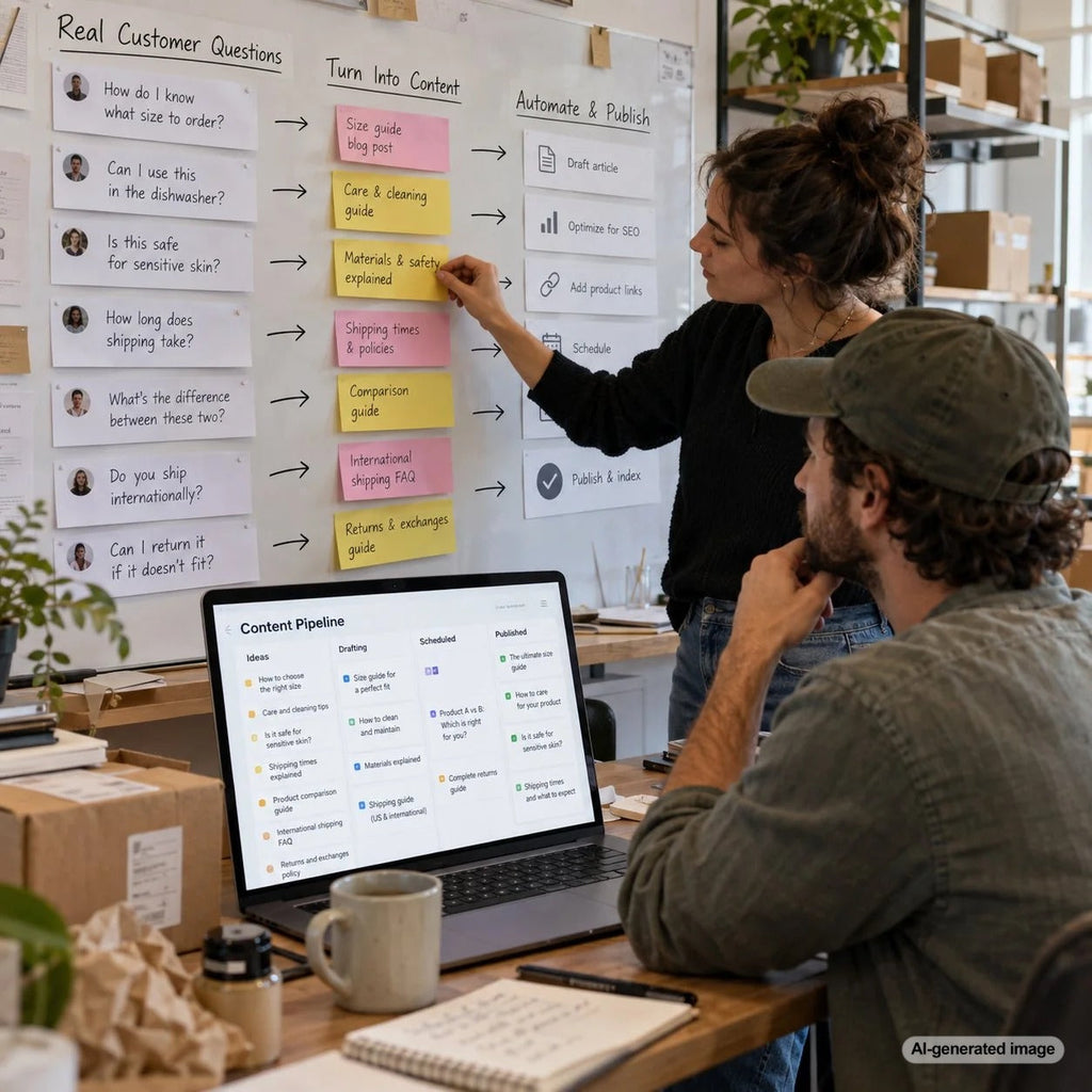 Automated content planning system organized around real customer questions for SEO growth