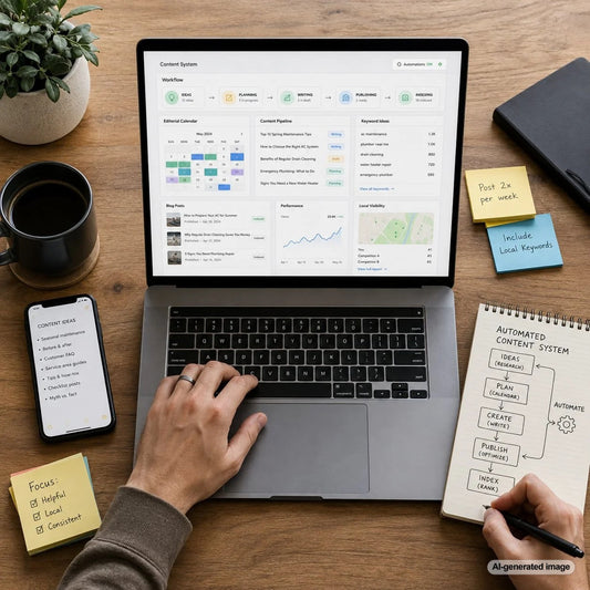 Automated content system workflow for a local service business planning SEO topics, publishing useful articles, and growing local search visibility