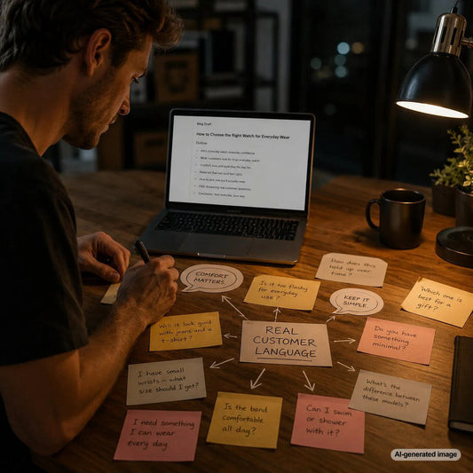 Business owner organizing real customer questions and phrases into a practical blog content strategy