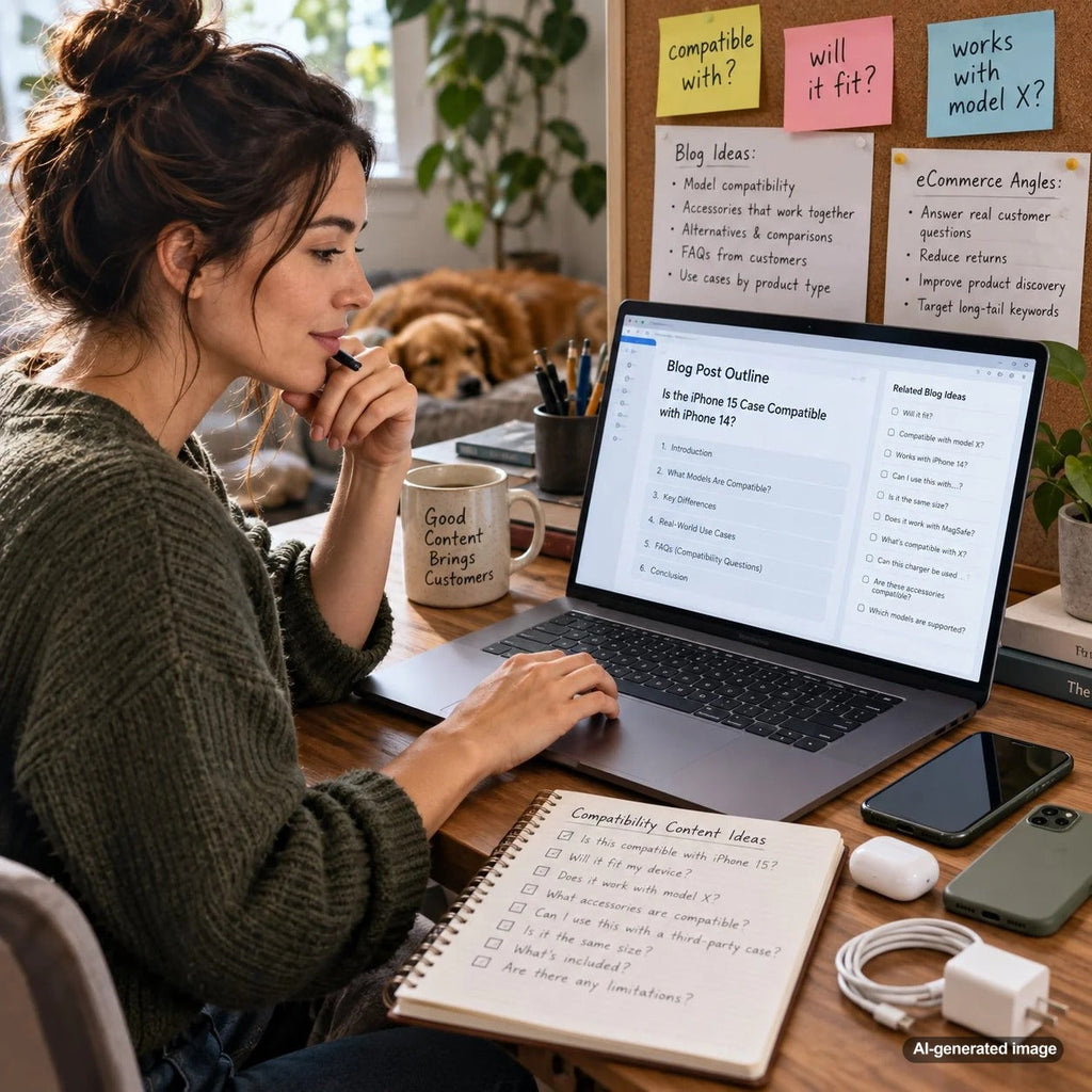 Content planning workspace illustrating how to build blog posts around customer compatibility questions for SEO