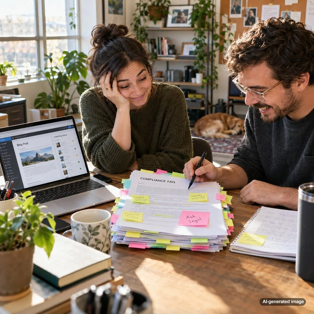 Professional business compliance content planning workspace with organized documents, laptop, notebook, and research materials illustrating responsible SEO content development without giving legal advice