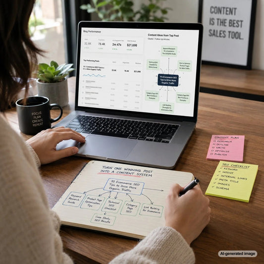 Modern workspace illustrating a content strategy for building SEO follow-up articles around a successful blog post
