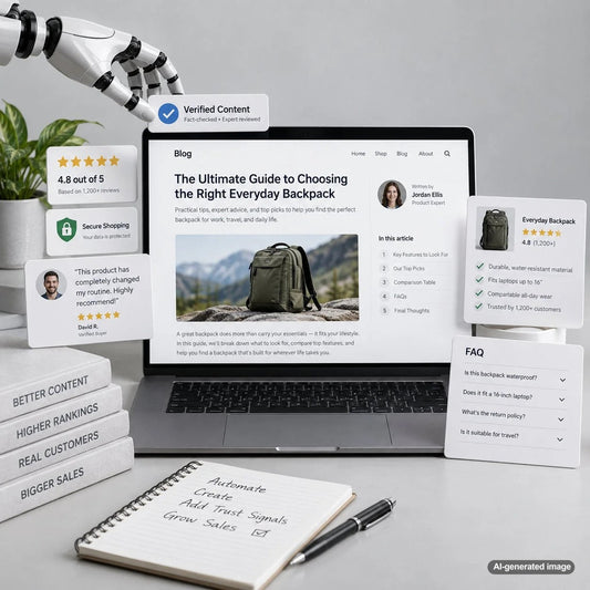Business owner reviewing automated blog content for accuracy, credibility, and SEO trust signals
